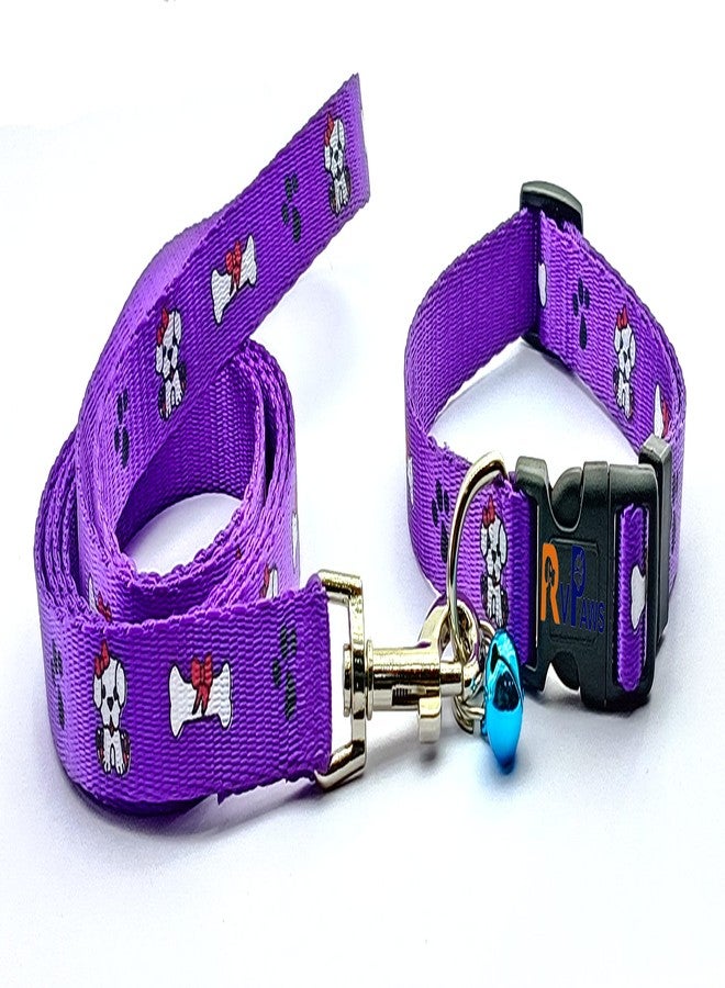 Pups&Pets 15 MM Paw/Bone Printed Soft Nylon Collar Belt and Leash Set for Small Breed Dog and Puppies - Purple - Image 1
